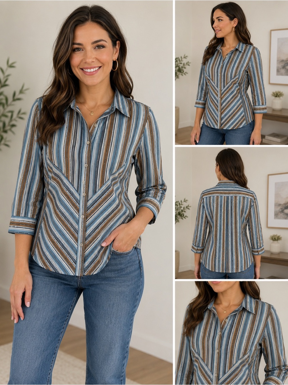 Fashion Bug Blue & Brown Striped Button-Down Shirt – Women’s XL
